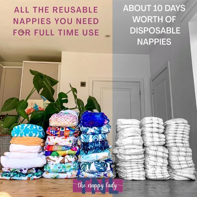 image comparing 10 days of disposables and full time reusable nappies